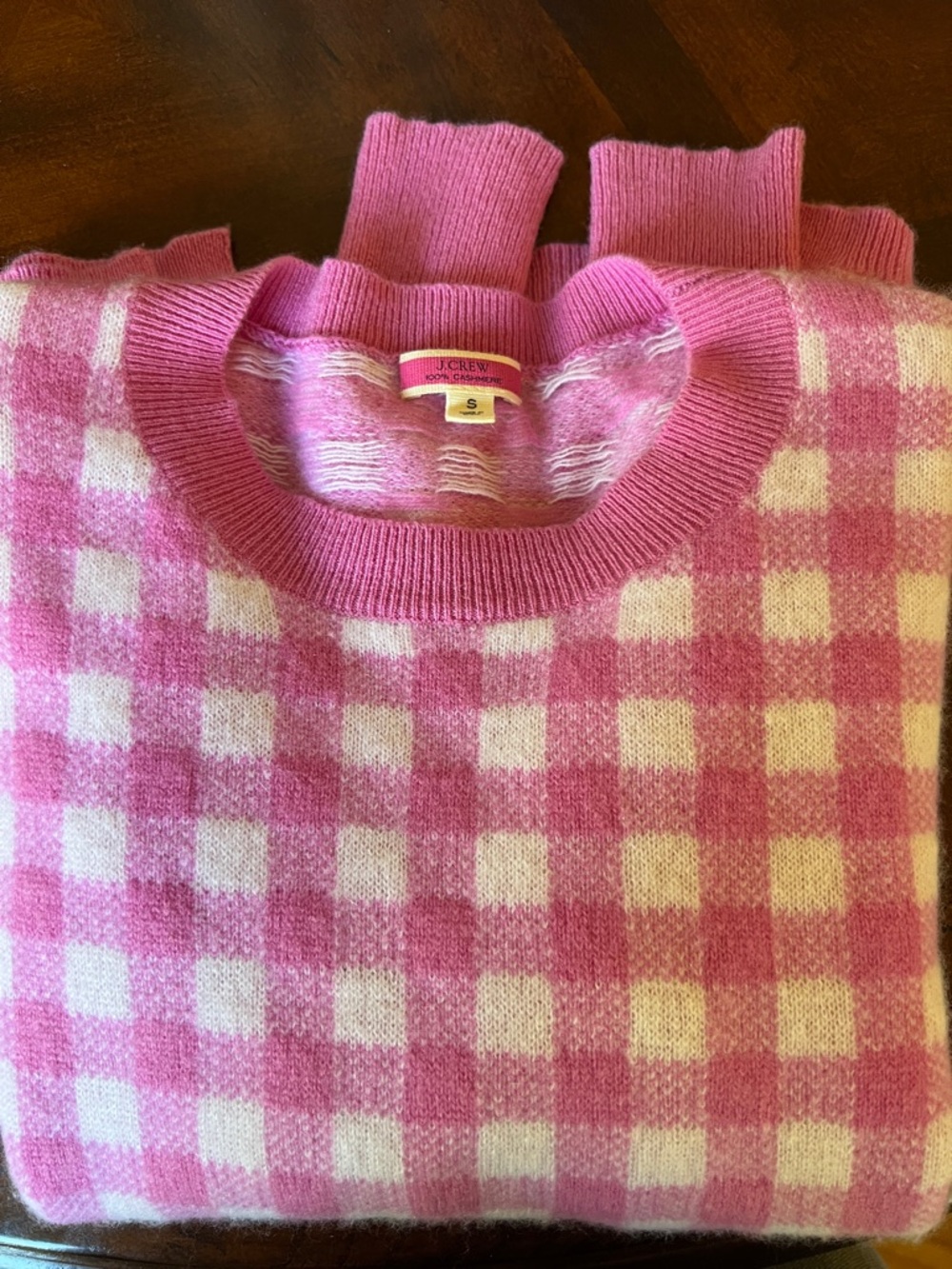 J. Crew Pink and Cream Gingham Cashmere Crewneck Sweater